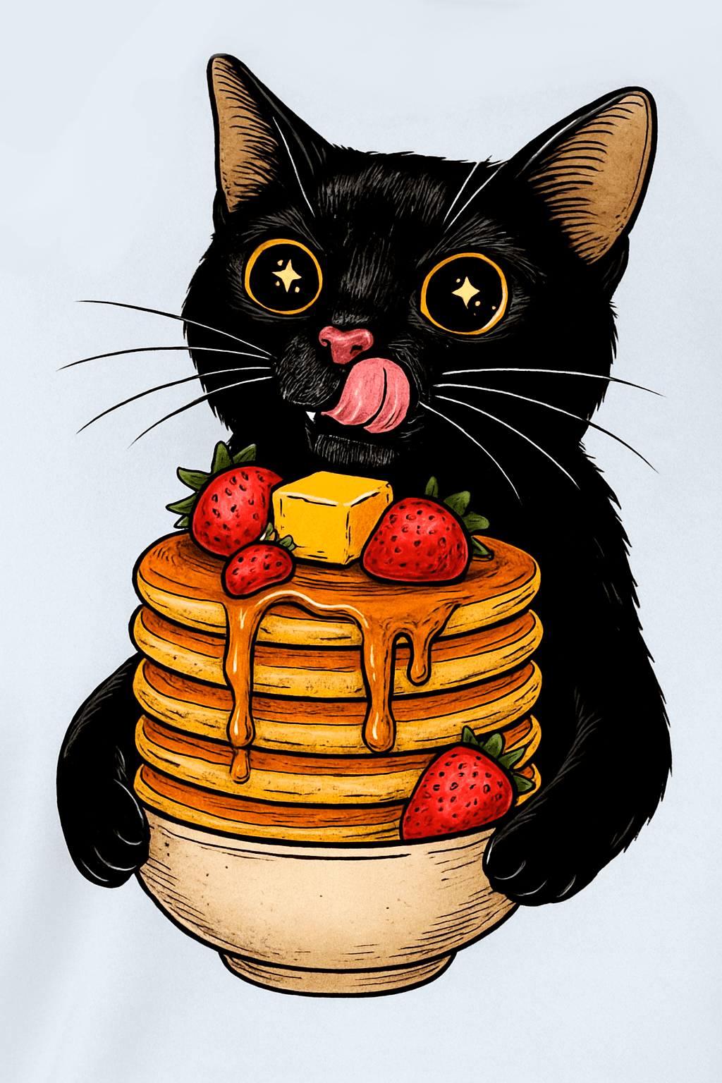 Black Cat Craving Pancakes with Strawberries