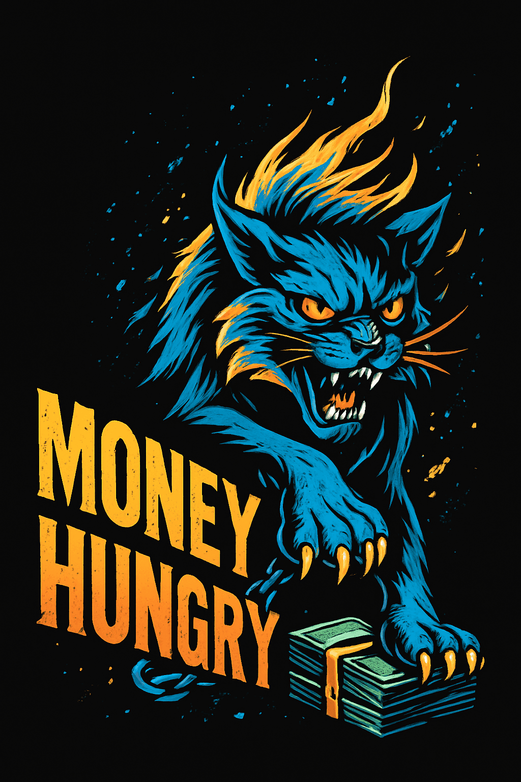 Fiery Blue Panther Clawing Cash Design