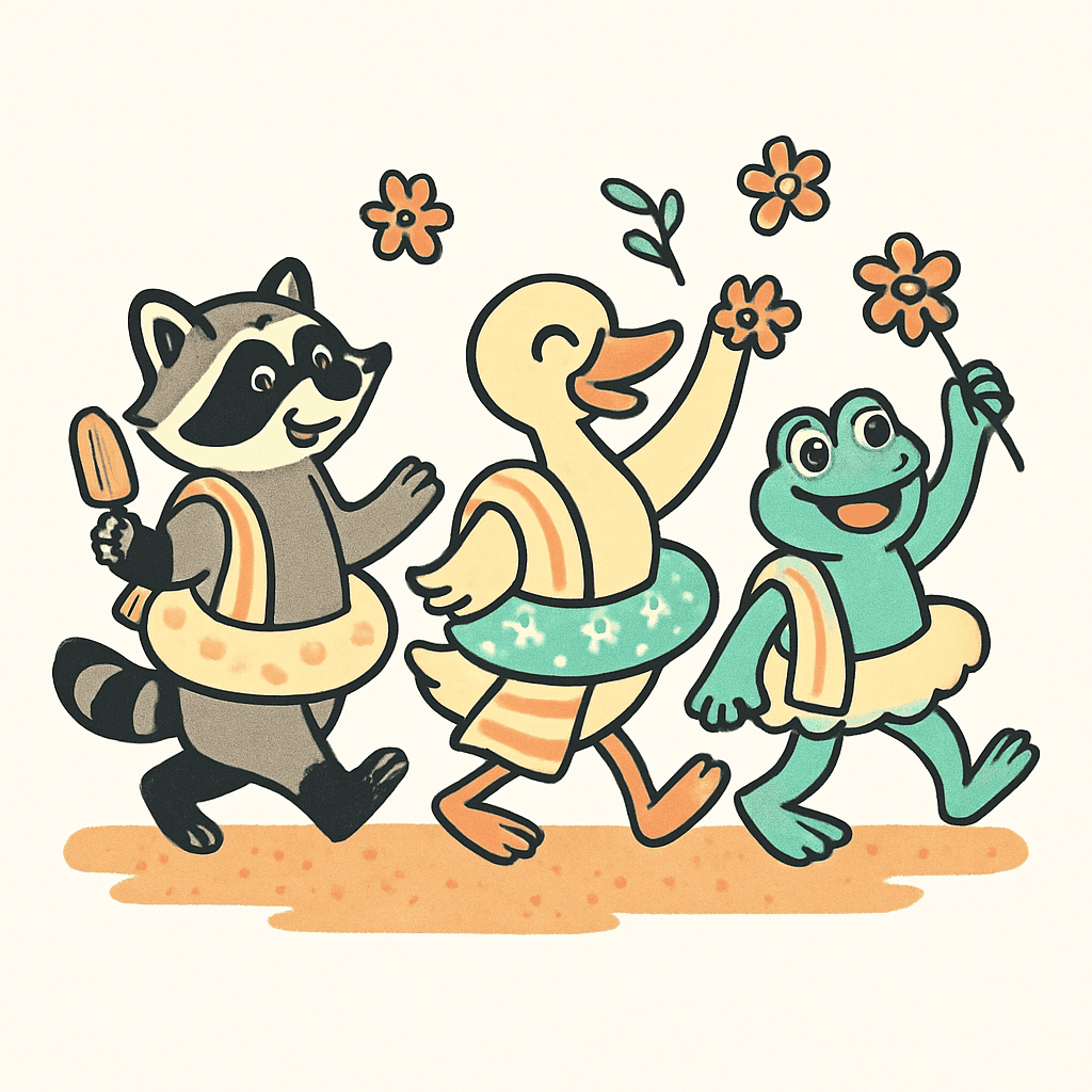 Happy Trio: Raccoon, Duck & Frog Parade