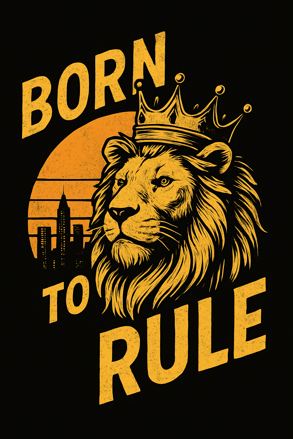 Born to Rule Lion with Crown and Cityscape