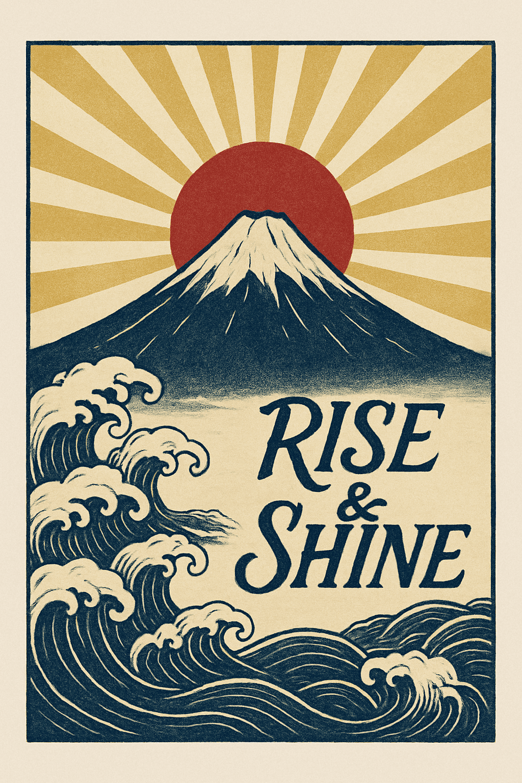 Vintage Japanese Sunrise with Mount Fuji & Waves