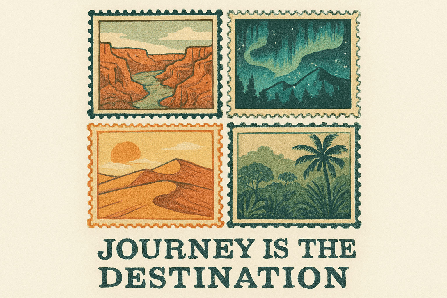 Vintage Travel Stamps with Scenic Landscapes