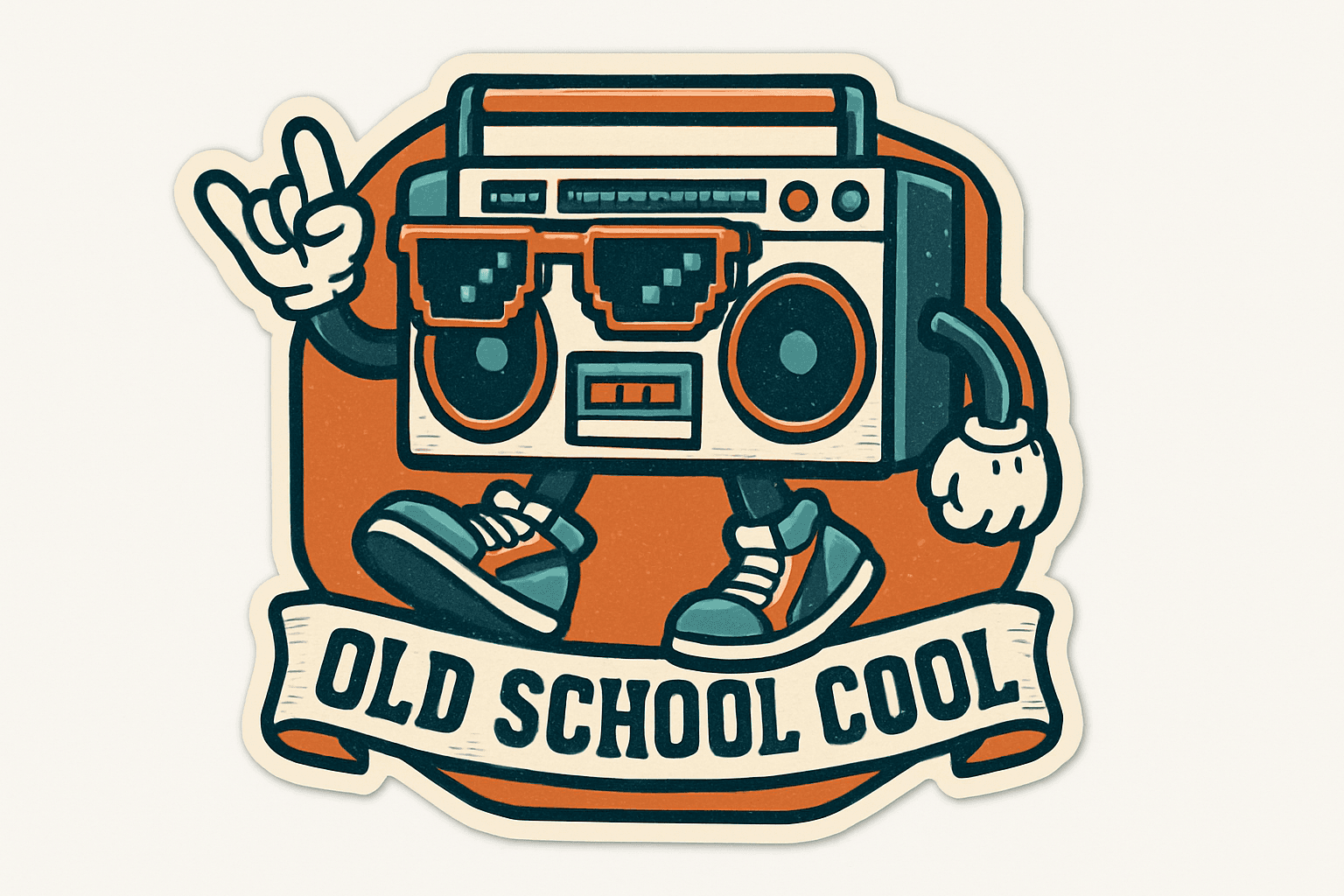 Retro Boombox Character with 'Old School Cool' Banner