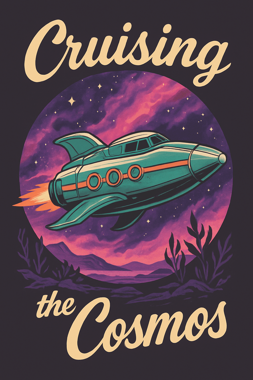 Retro Space Rocket Cruising the Cosmos