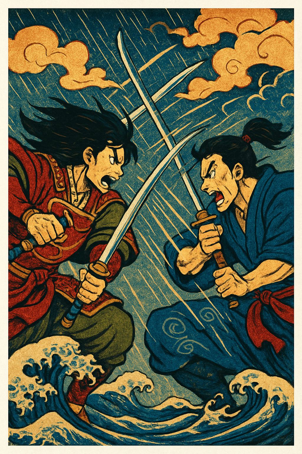 Epic Samurai Duel Amidst Stormy Waves