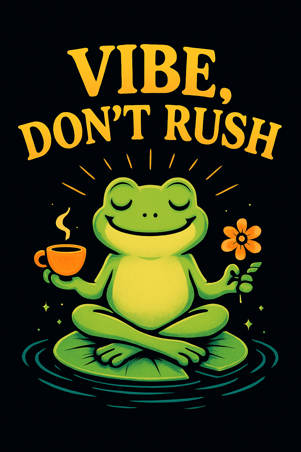Chill Frog Meditating with Coffee & Flower