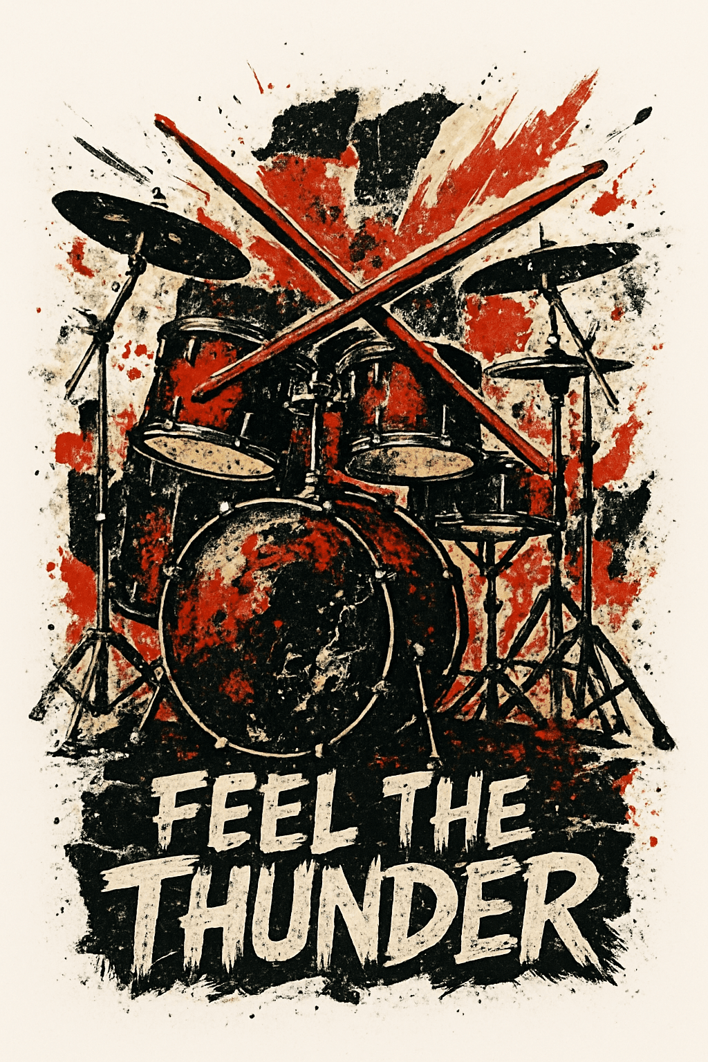 Grunge Drum Set with 'Feel the Thunder' Slogan