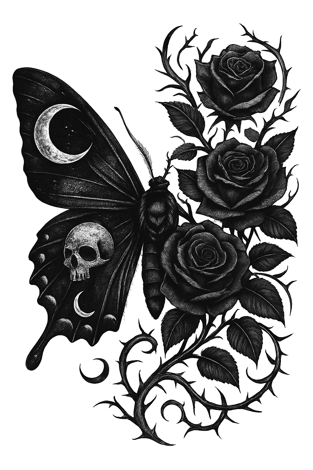 Gothic Butterfly with Skull and Black Roses