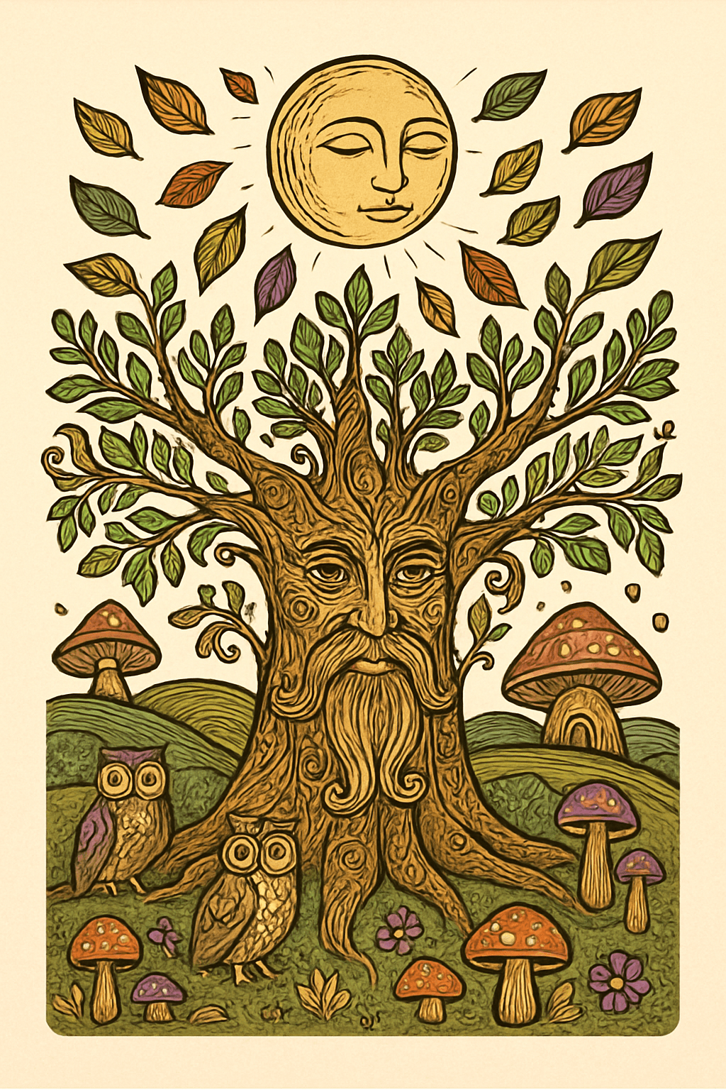 Whimsical Tree Spirit with Owls and Mushrooms