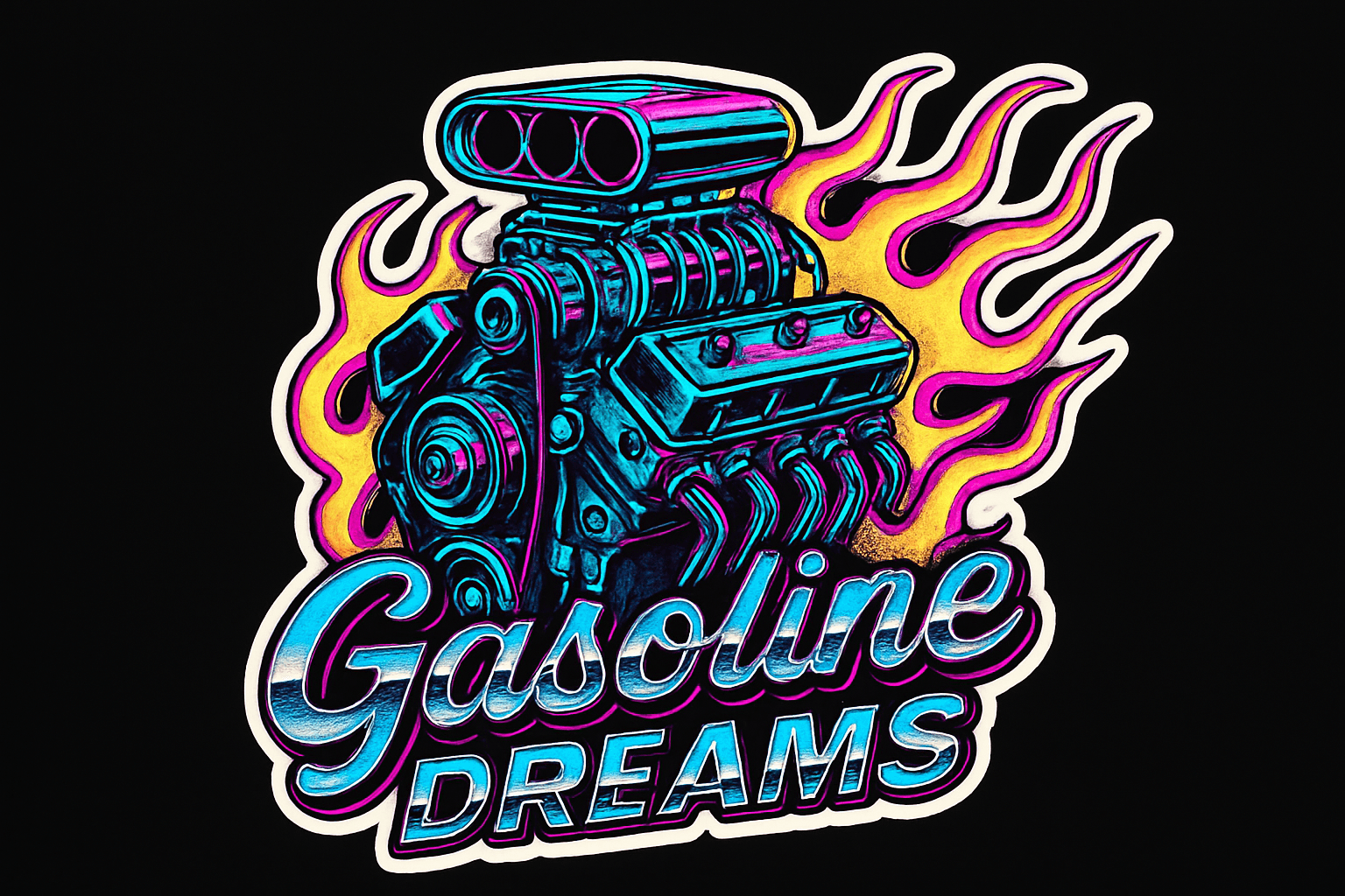 Neon Muscle Car Engine with Flaming Backdrop