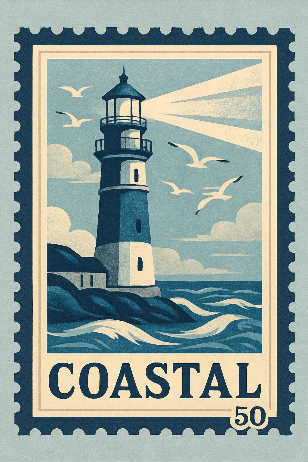 Vintage Coastal Lighthouse Stamp Design
