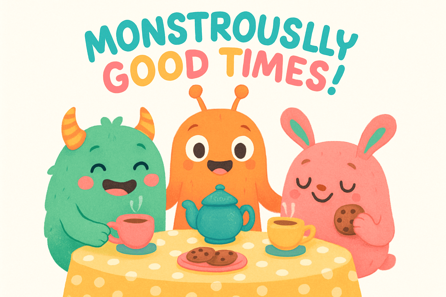 Cute Monsters Enjoying Tea and Cookies