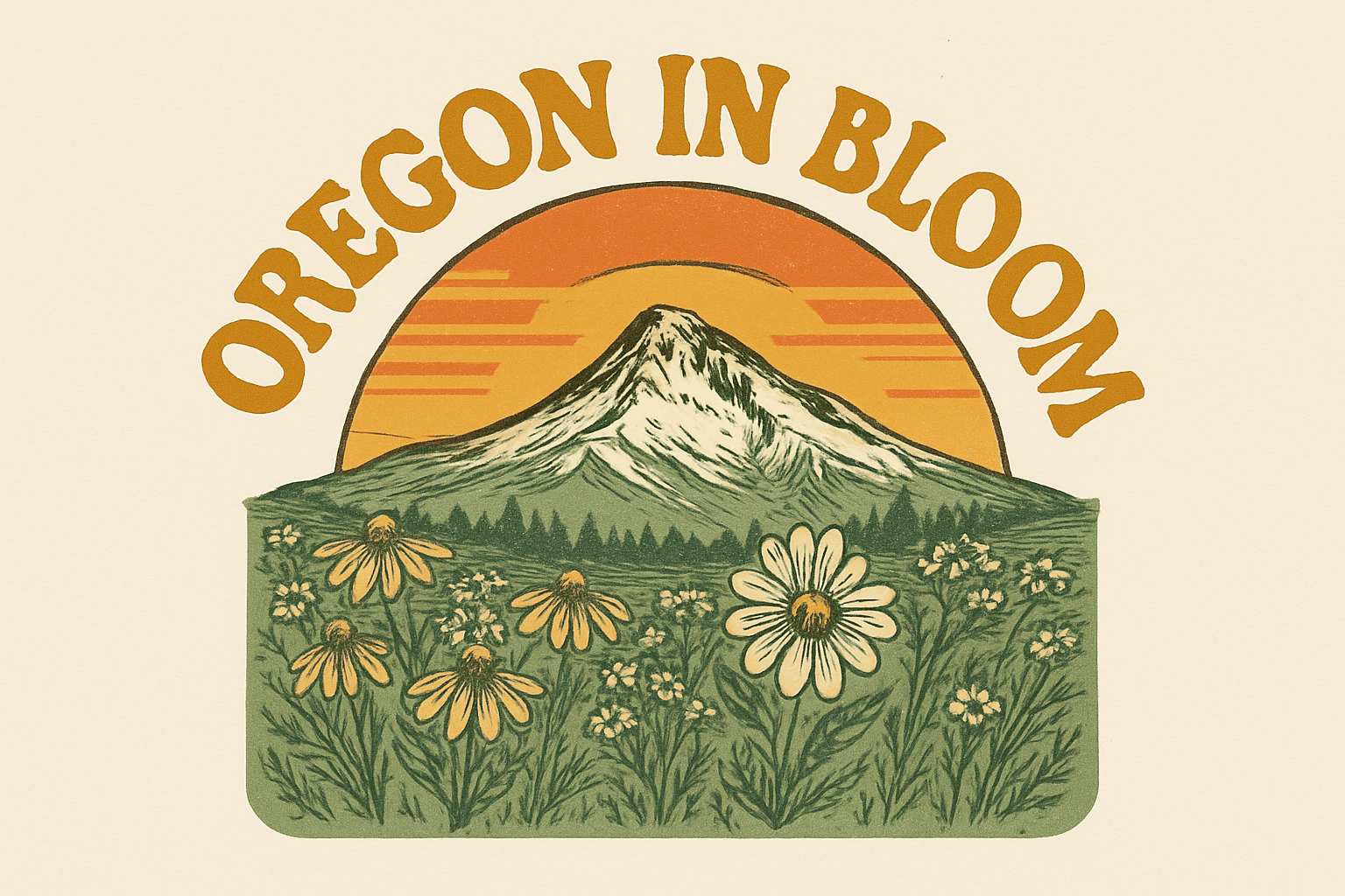Vintage Oregon Mountain and Wildflowers Sunset