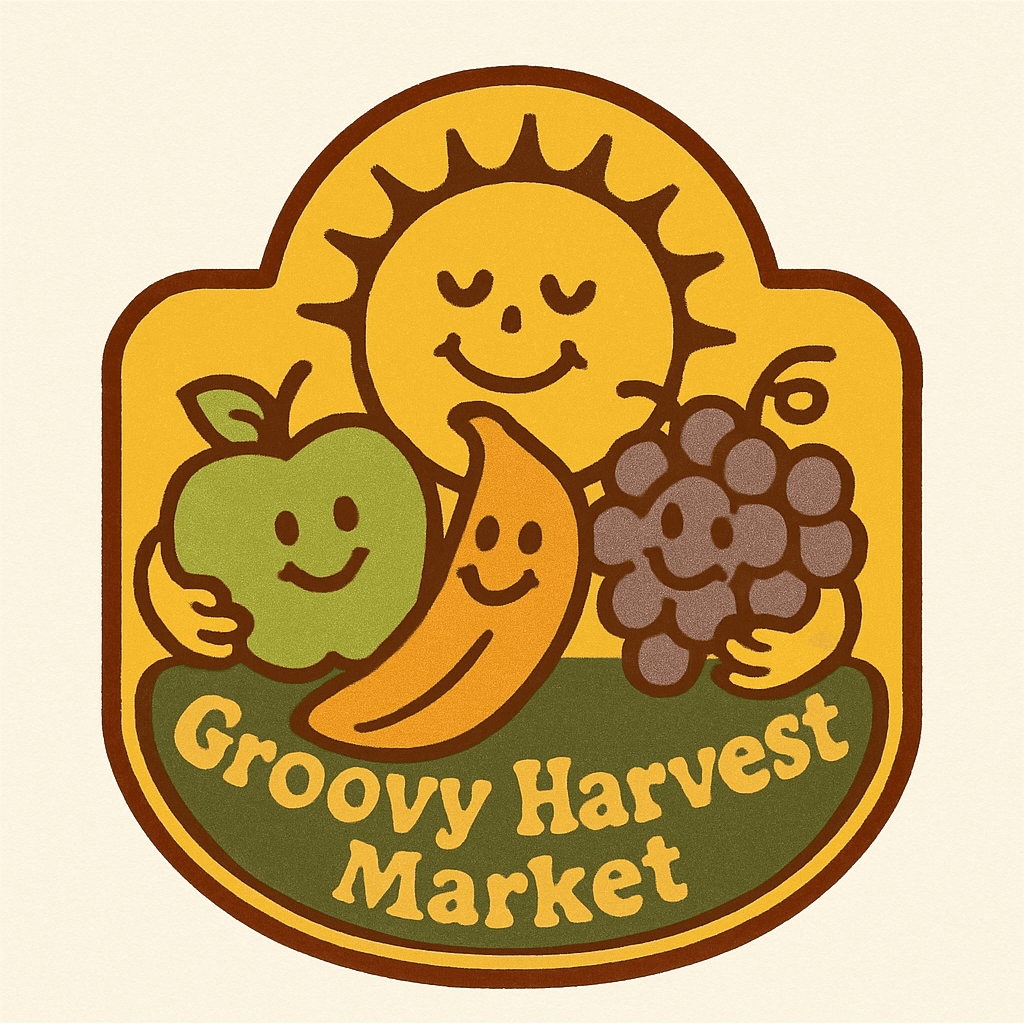 Groovy Harvest Market Retro Fruit Logo