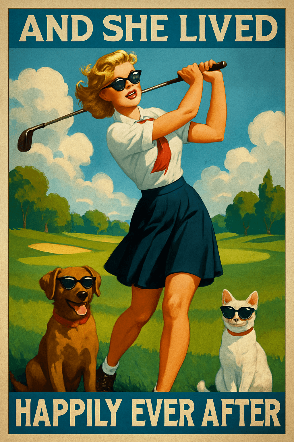 Vintage Golfing Lady with Cool Sunglasses and Pets