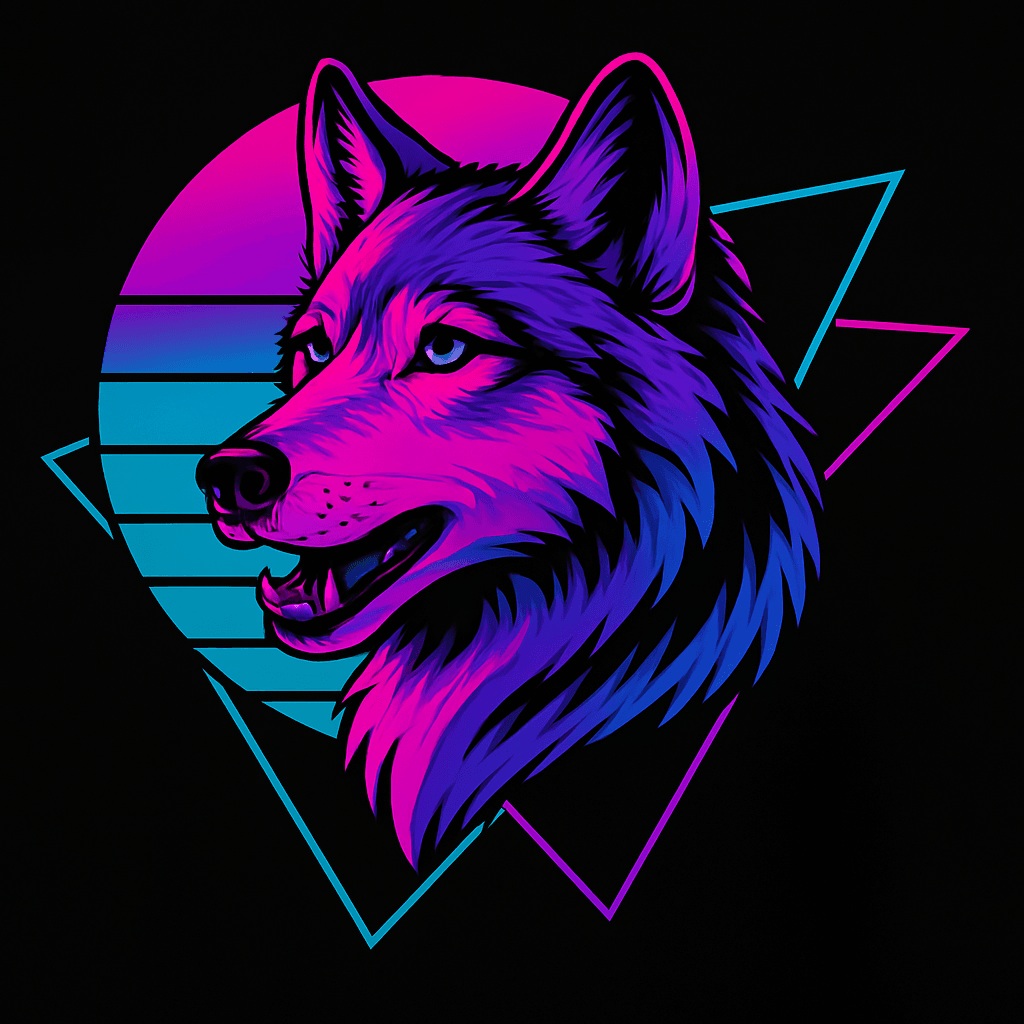 Neon Retro Wolf Portrait with Geometric Shapes