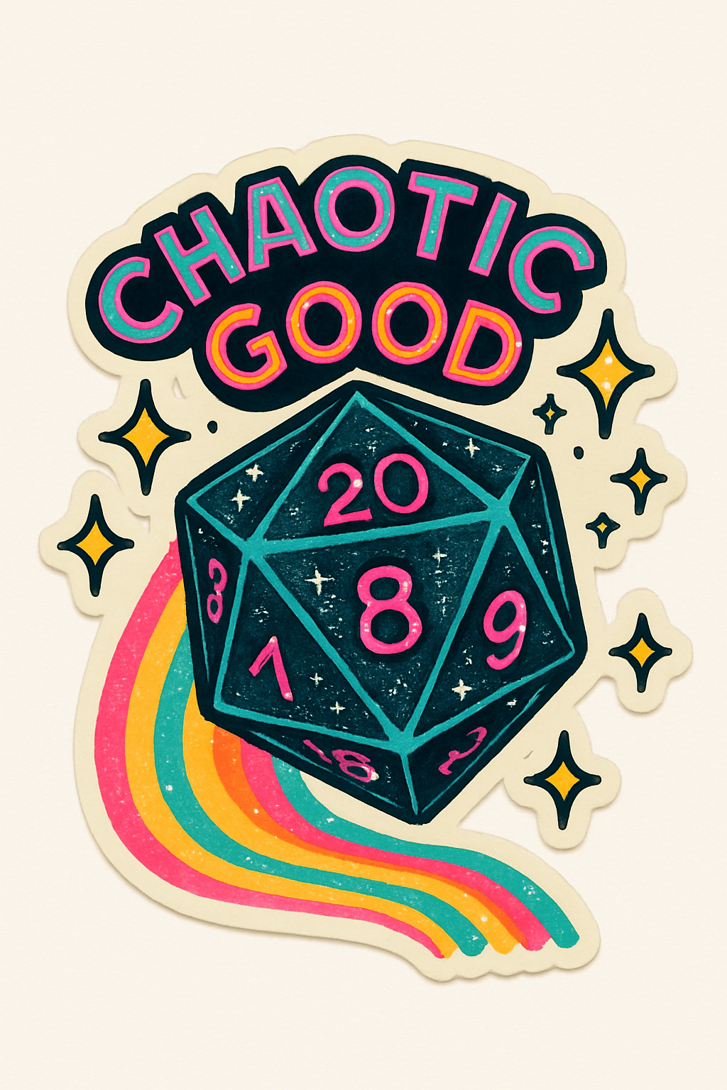Chaotic Good D20 Dice with Colorful Rainbow Trail