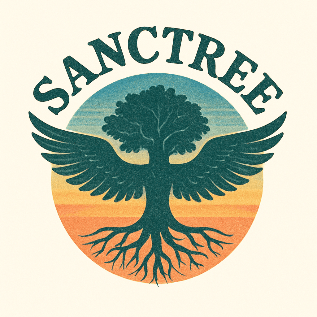 Sanctree Winged Tree Logo with Sunset Background