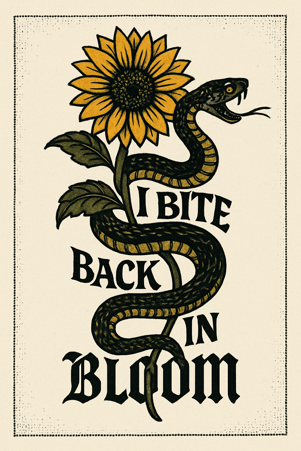 I Bite Back in Bloom Snake and Sunflower Tattoo