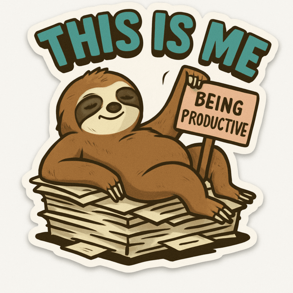 Relaxed Sloth Claiming 'Being Productive' Sticker