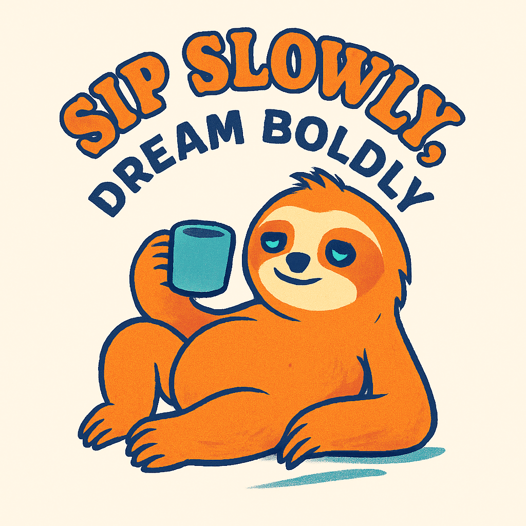 Relaxed Sloth with Coffee - Sip Slowly, Dream Boldly