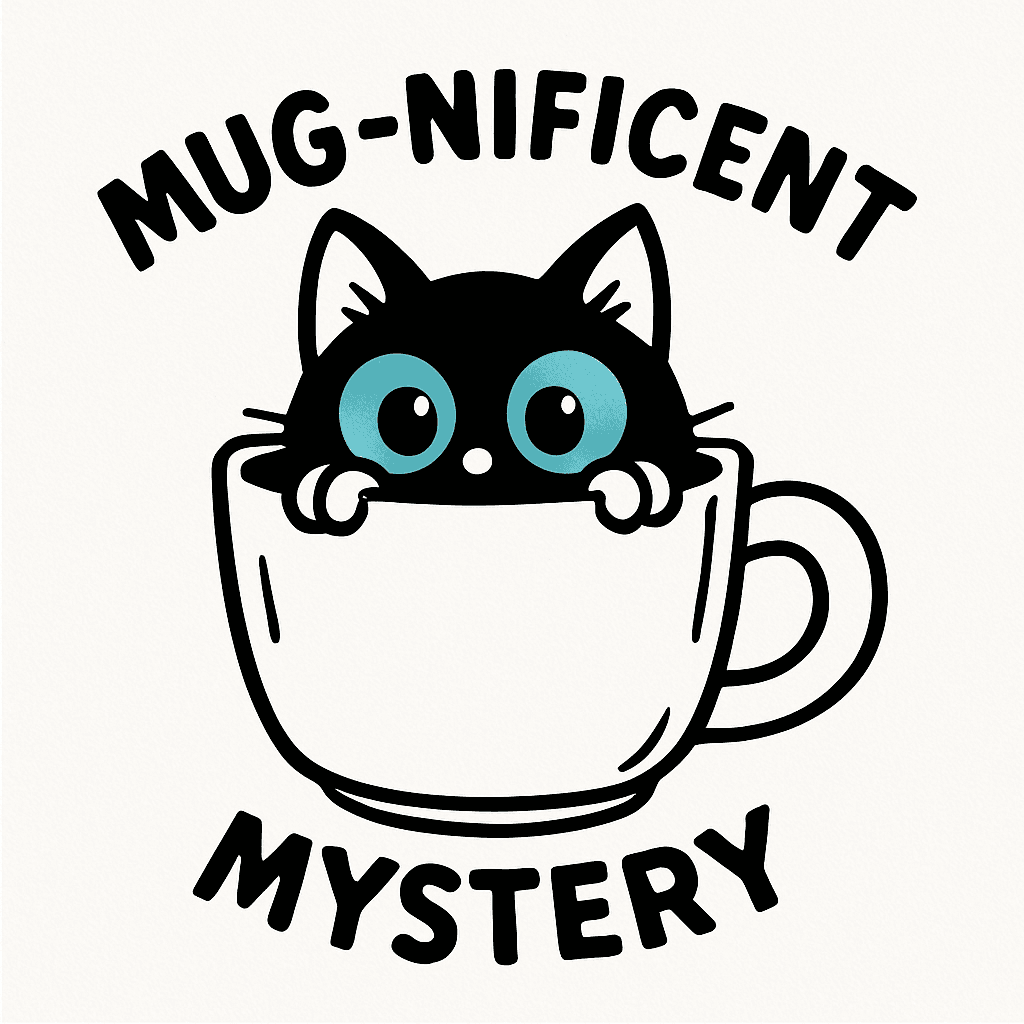Cute Cat in Mug with 'Mug-nificent Mystery' Text