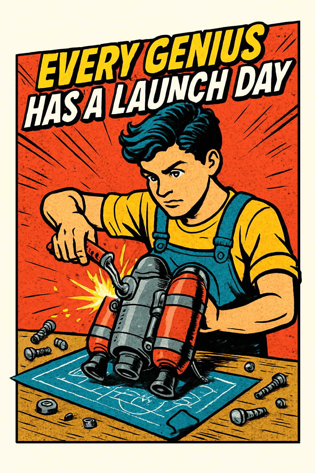 Retro Comic Style Genius Launch Day Poster