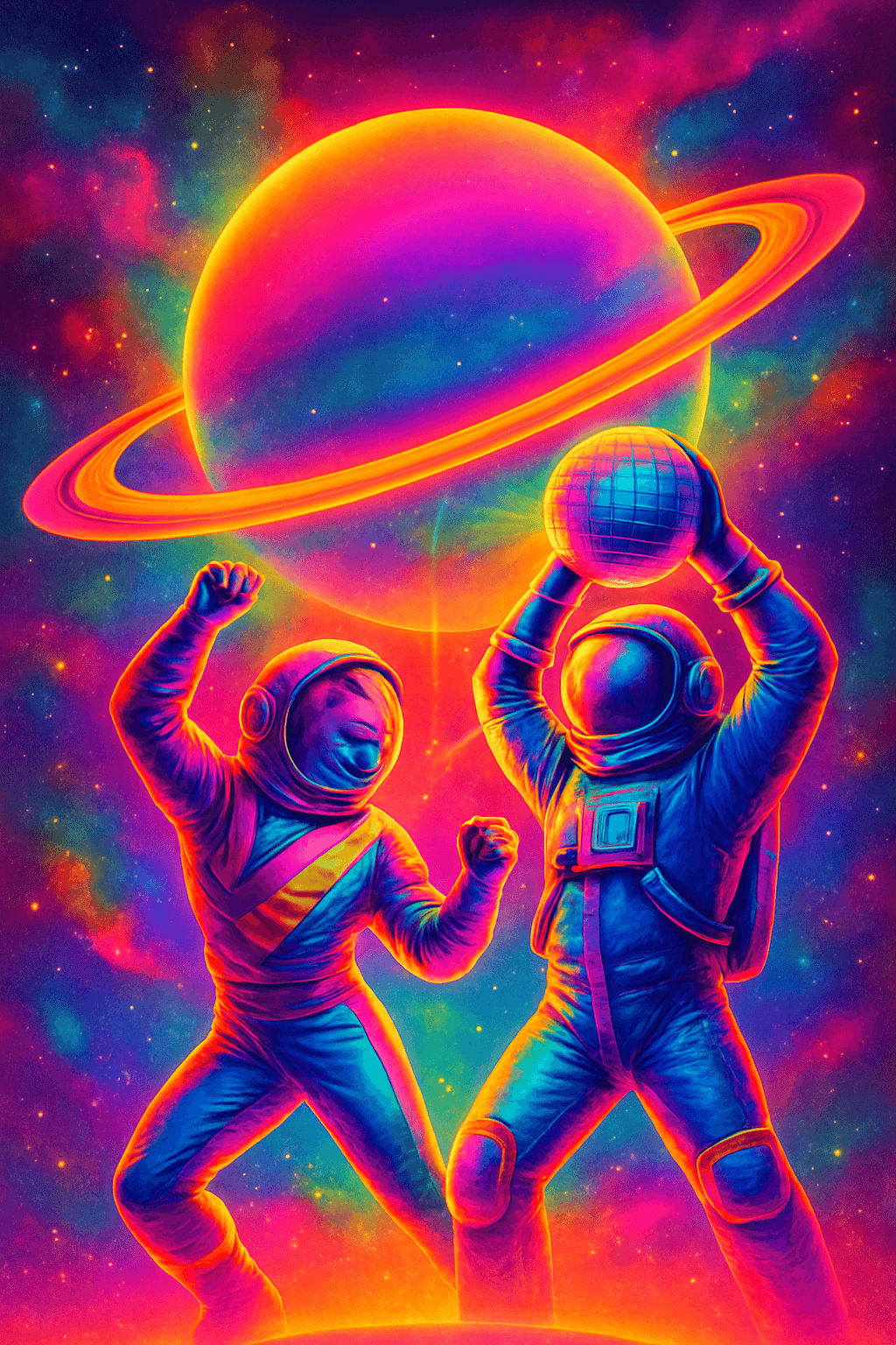 Neon Astronauts Dancing Under Saturn's Glow