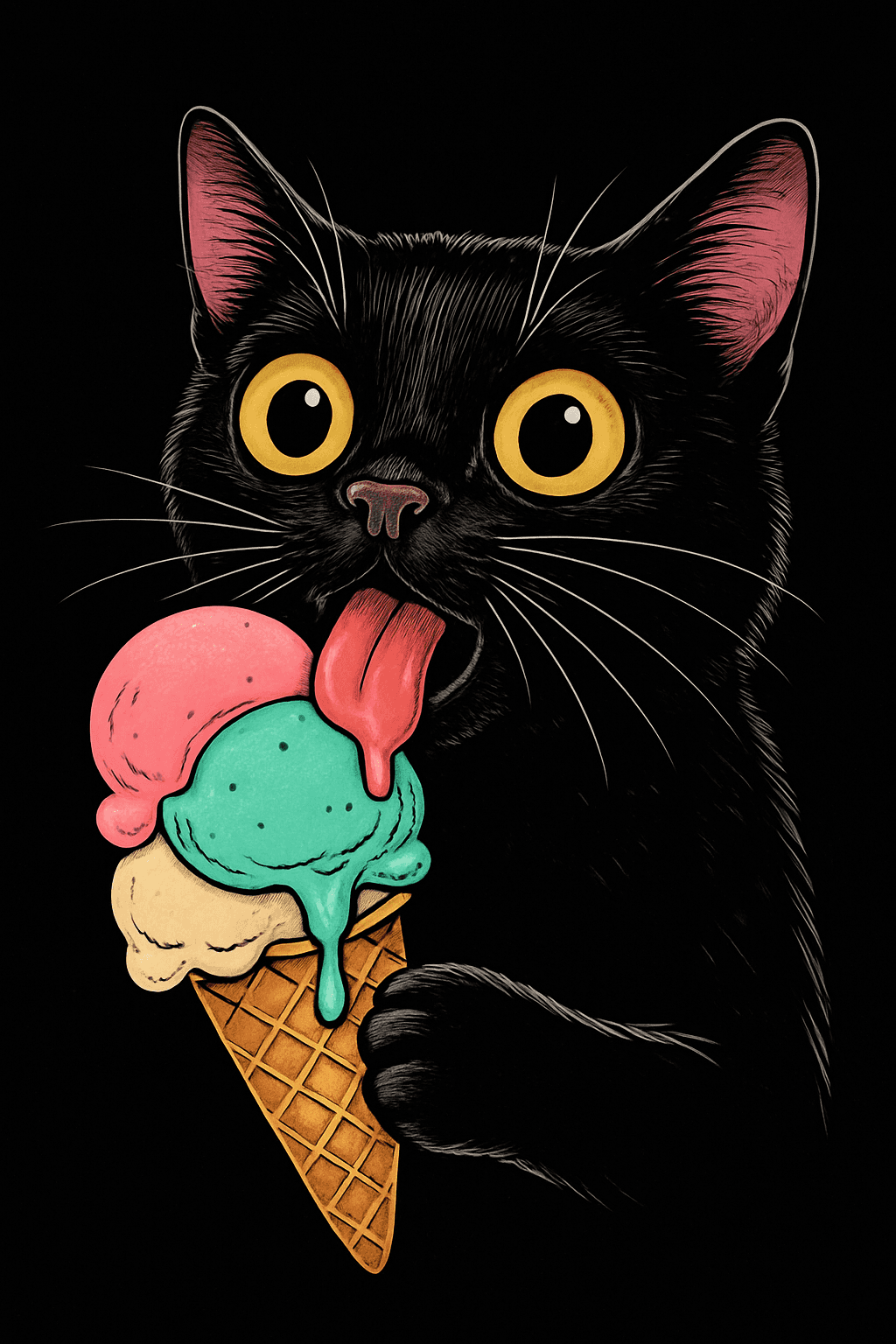 Playful Black Cat Licking Colorful Ice Cream