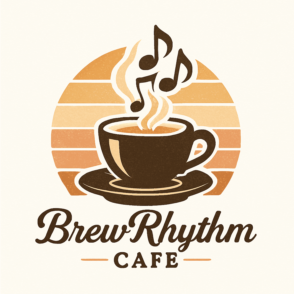 Brew Rhythm Cafe Logo with Musical Coffee Steam