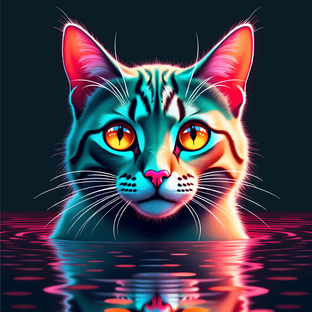 Neon Glow Cat with Reflective Water Ripples