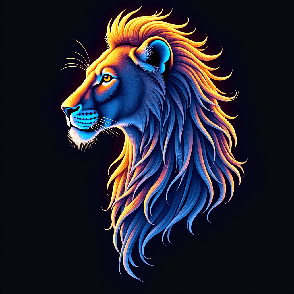 Vibrant Neon Lion Profile with Flowing Mane