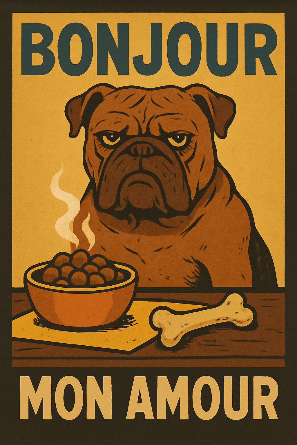 Grumpy Bulldog with Steaming Food Bowl Poster