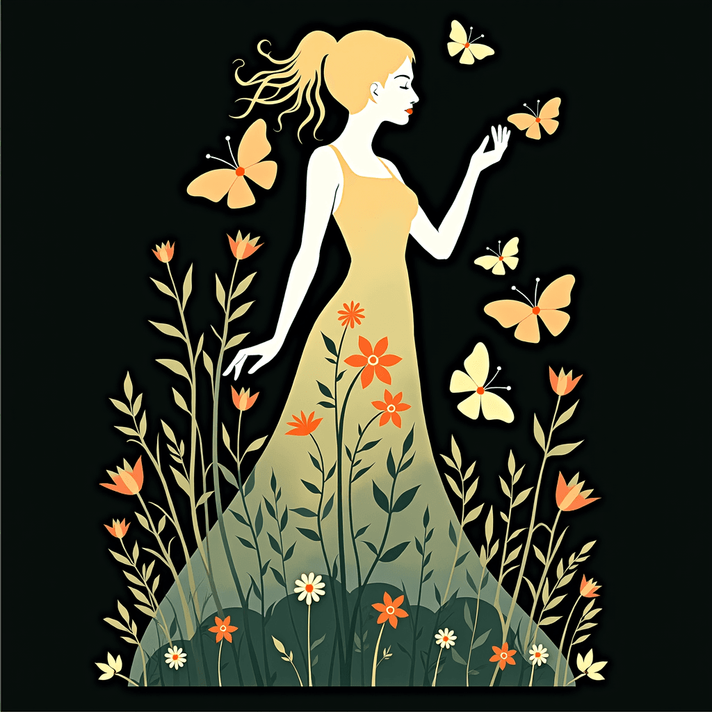 Elegant Woman in Floral Dress with Butterflies