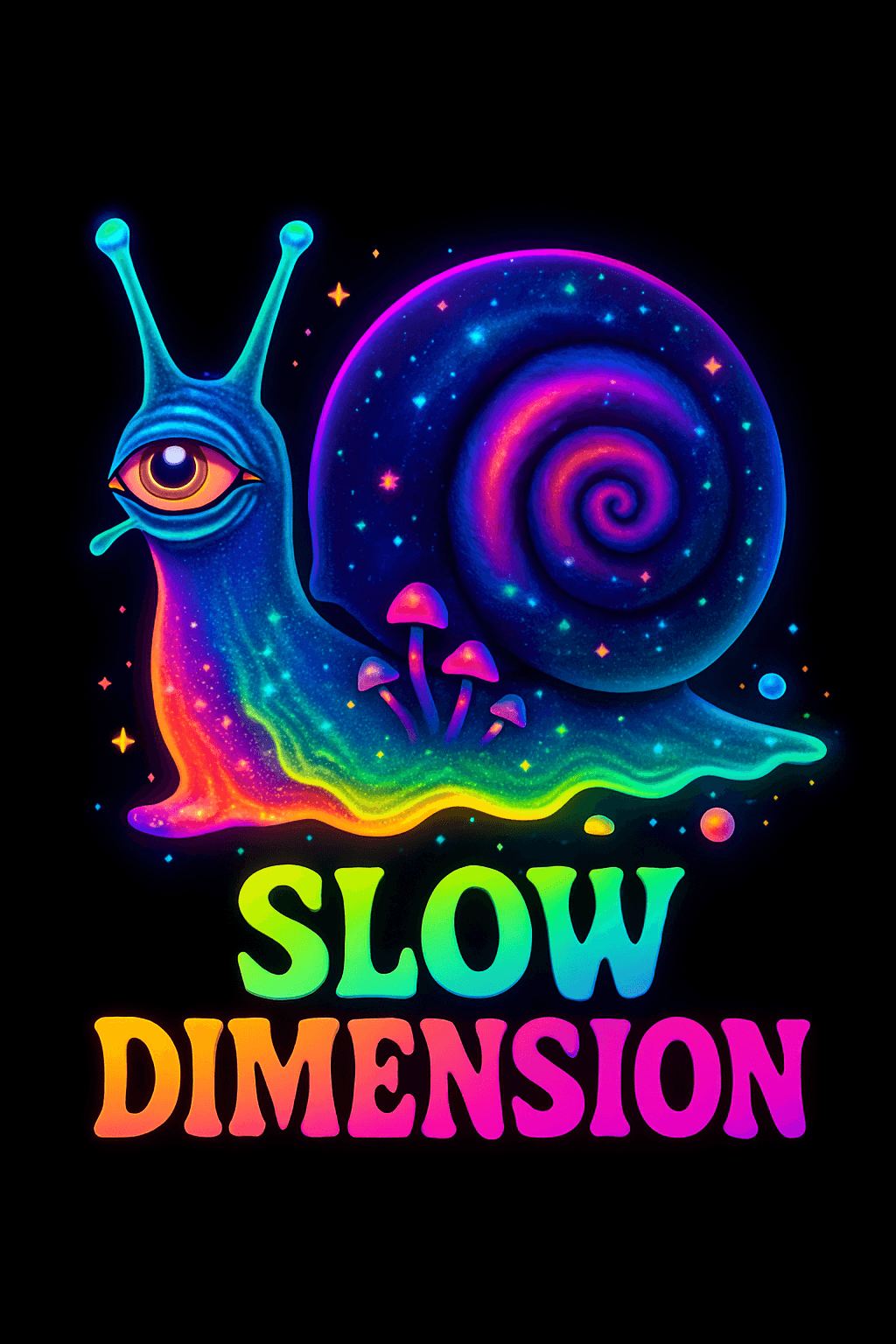 Psychedelic Cosmic Snail with 'Slow Dimension' Text