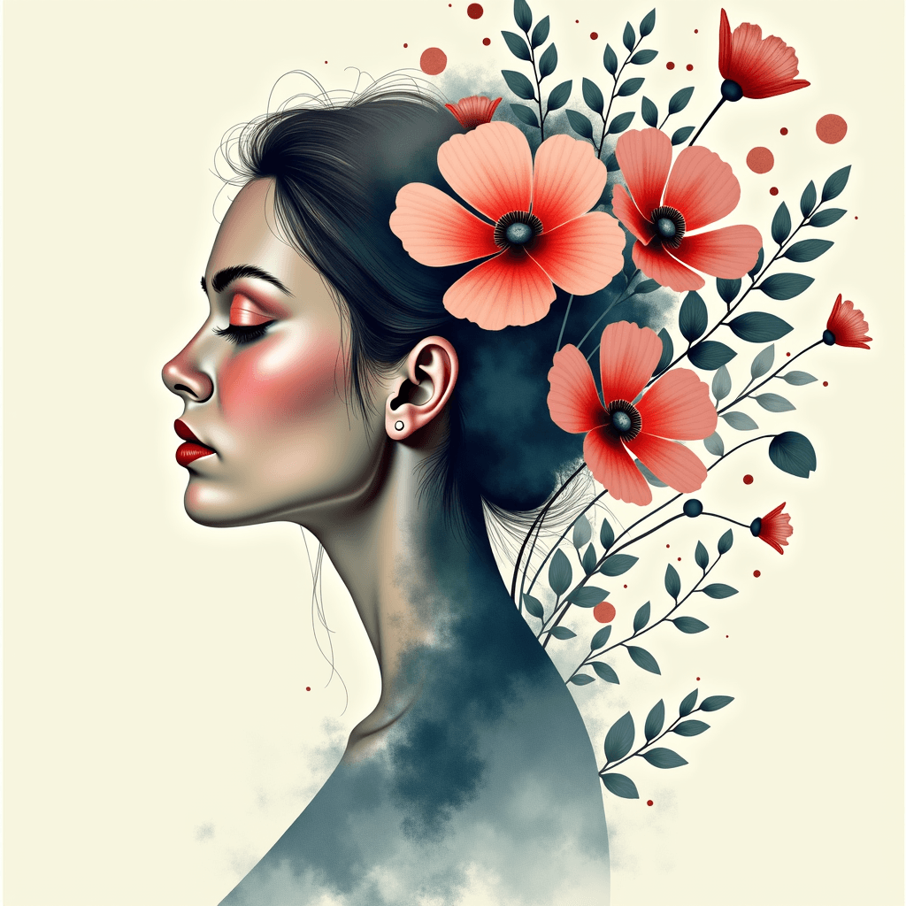 Elegant Woman Profile with Blooming Flowers