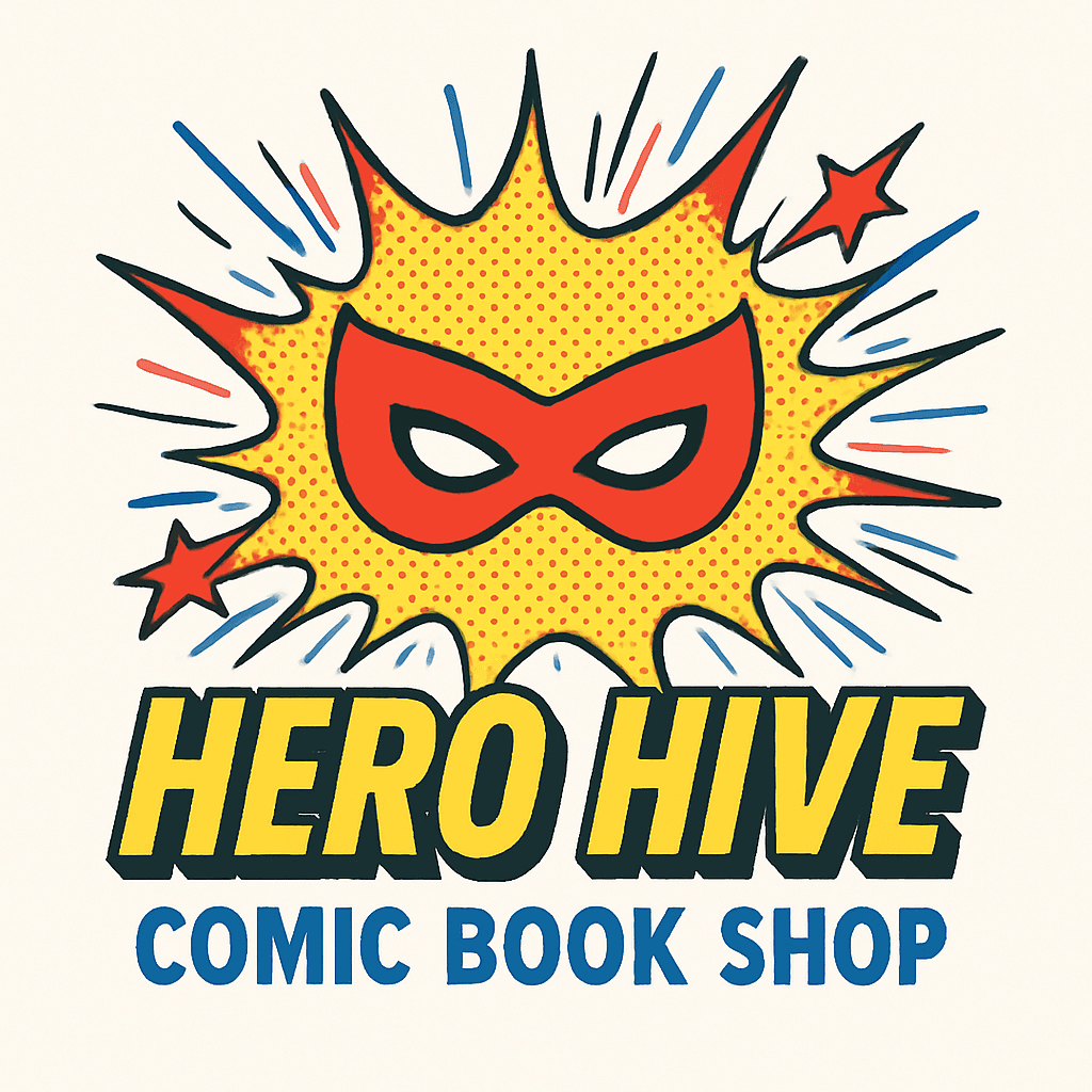 Hero Hive Comic Book Shop Logo with Pop Art Mask