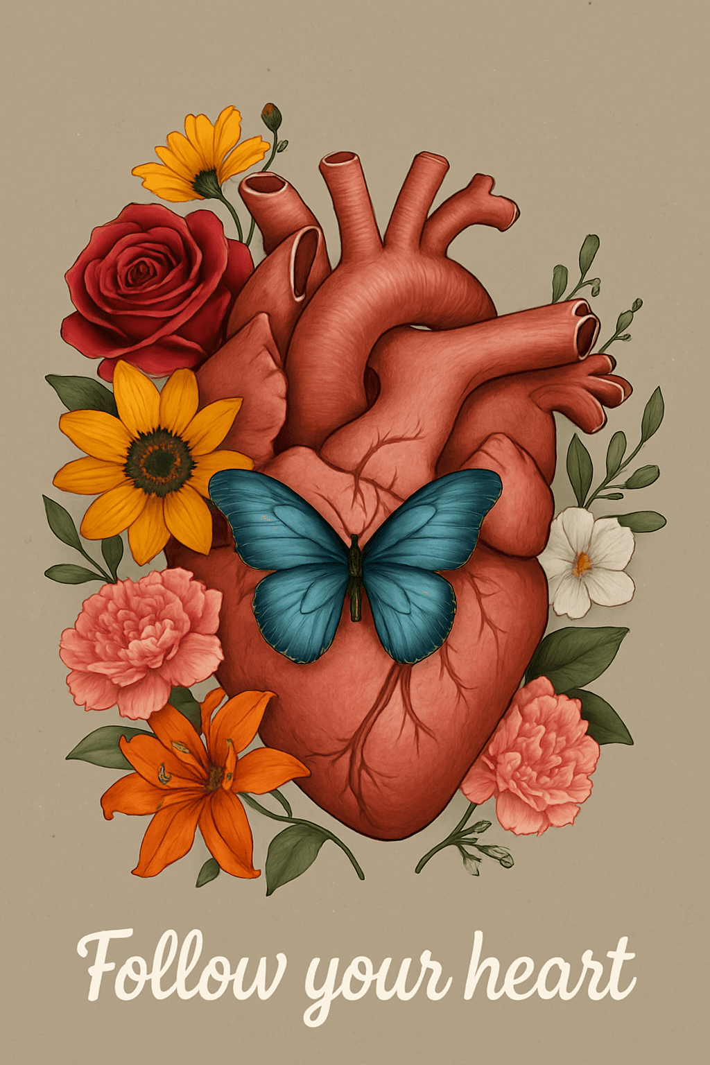 Anatomical Heart with Flowers & Butterfly