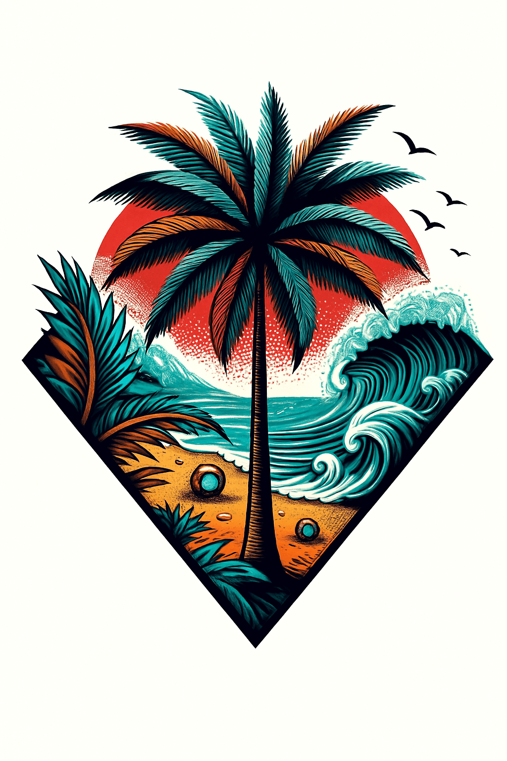 Tropical Sunset Palm and Ocean Wave Scene