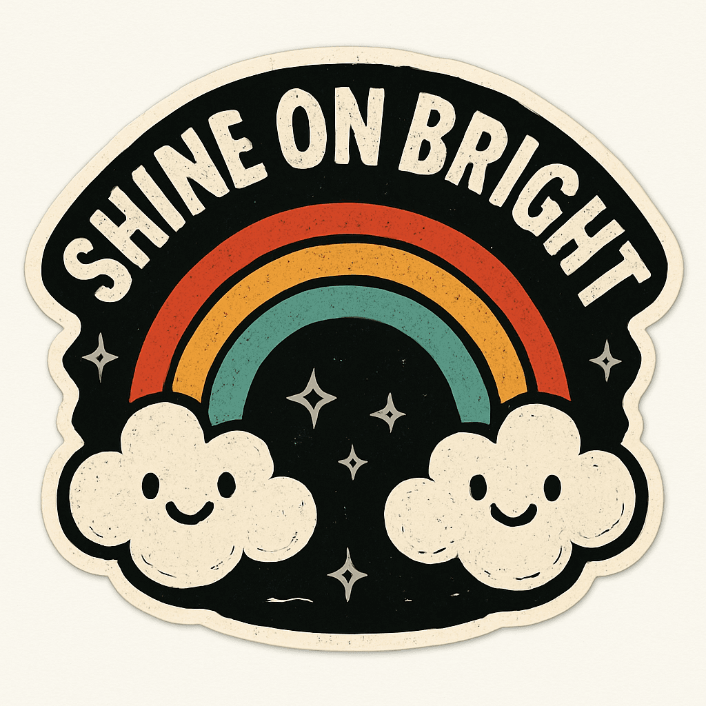 Retro Rainbow with Smiling Clouds and Positive Quote