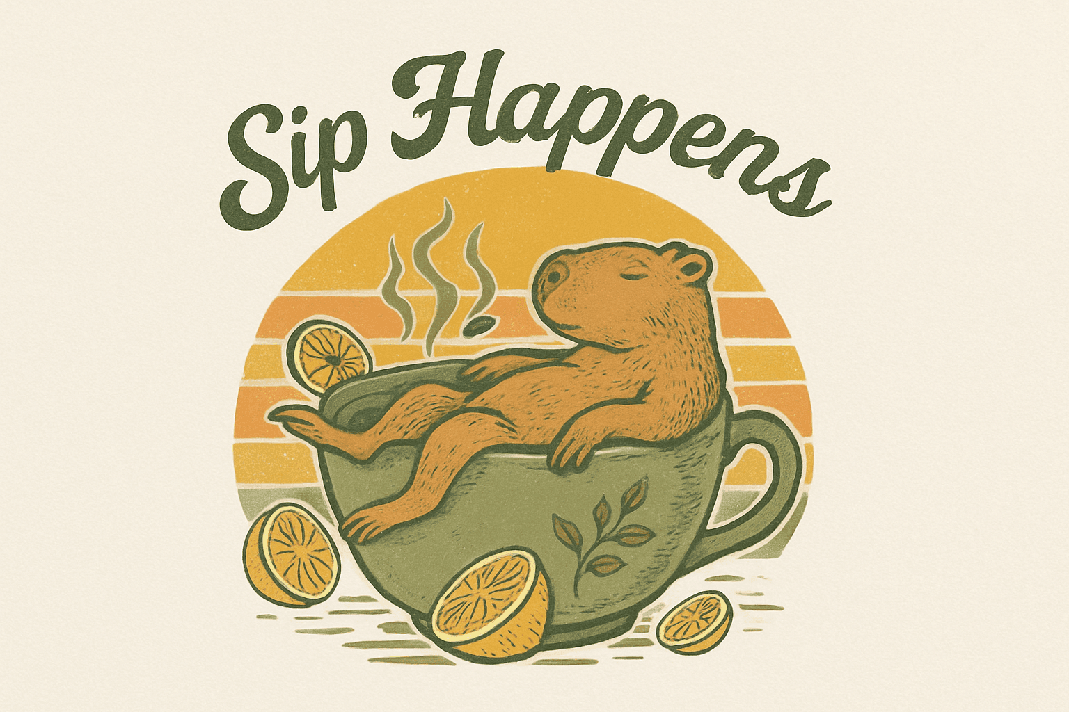 Relaxed Capybara in Tea Cup with 'Sip Happens'