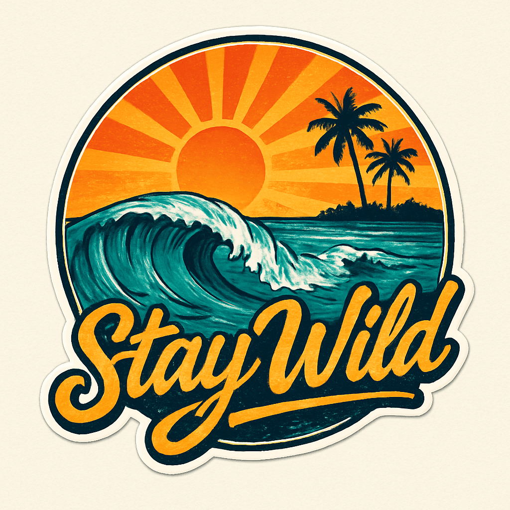 Vintage Surf Sunset with 'Stay Wild' Script