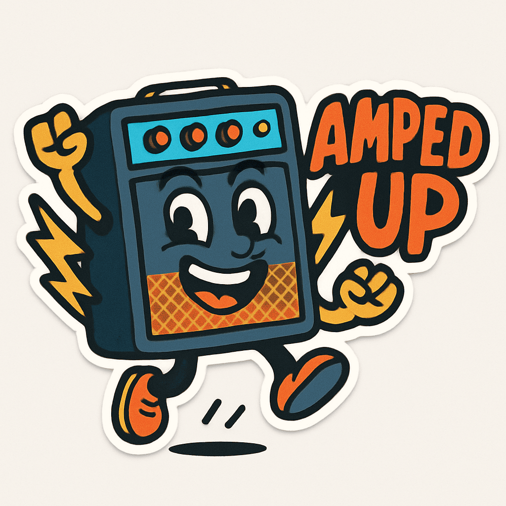 Cheerful Cartoon Guitar Amp with 'Amped Up' Text
