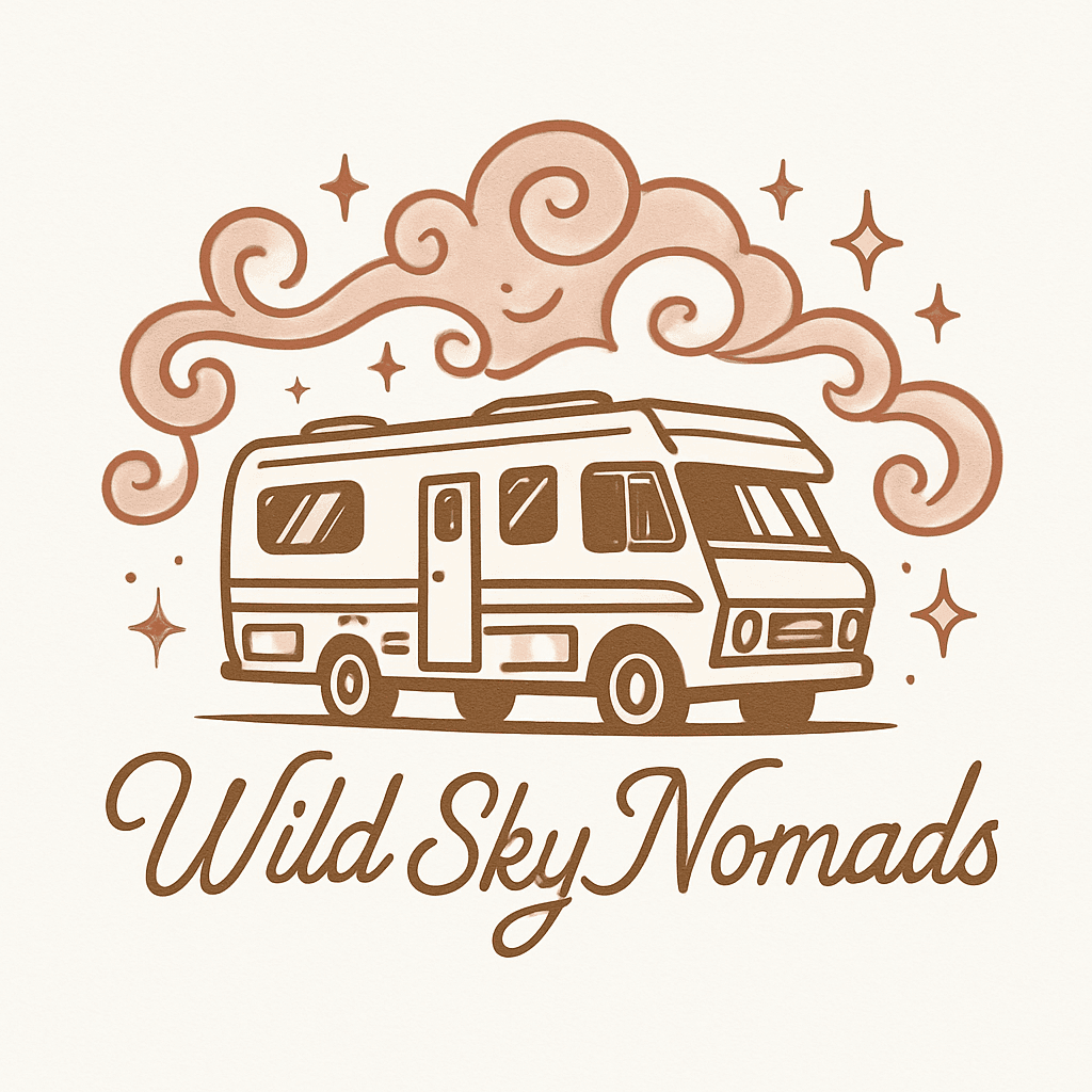 Vintage RV Adventure with Whimsical Sky Swirls