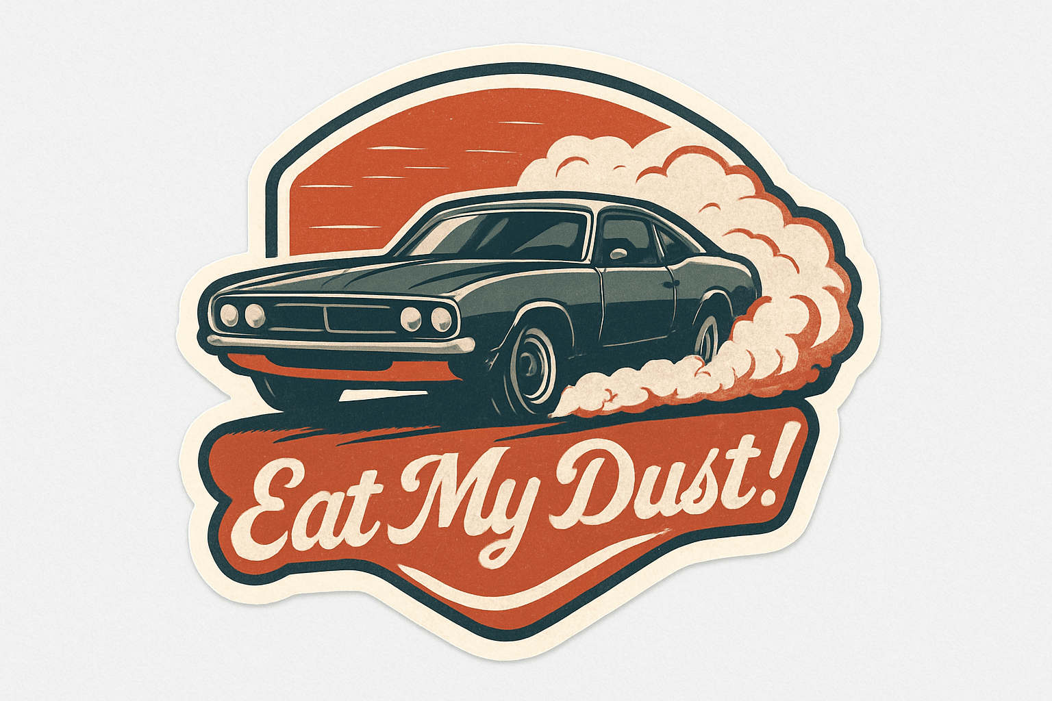 Retro Muscle Car Burnout Sticker with 'Eat My Dust!'