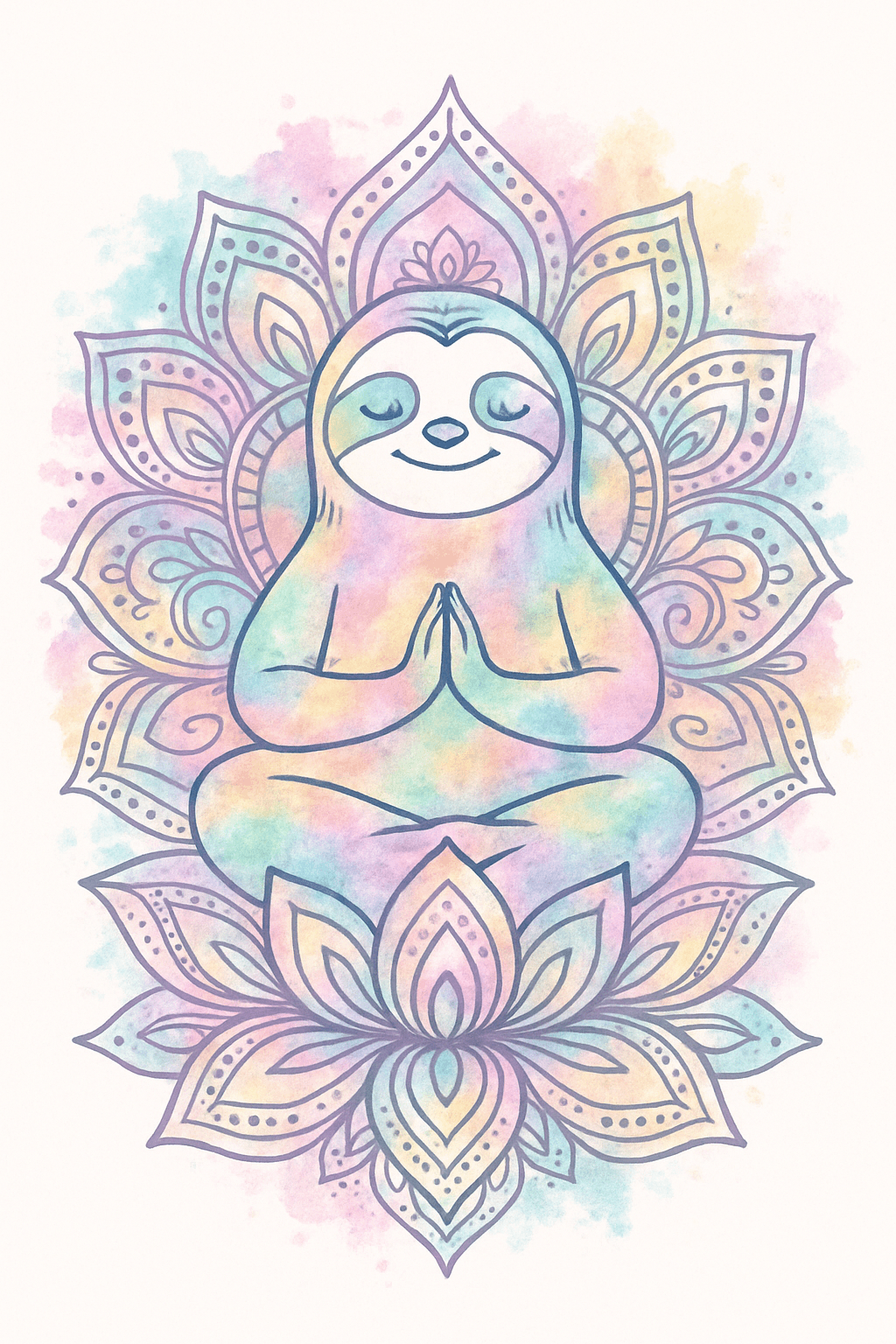 Meditating Sloth with Watercolor Mandala