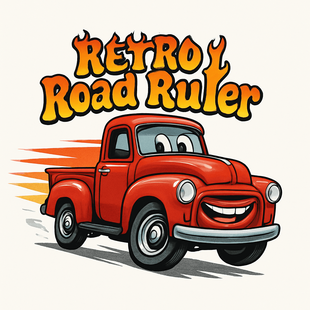 Retro Red Pickup Truck Cartoon with Flames