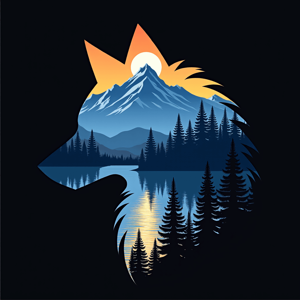 Wolf Silhouette with Mountain Sunset Landscape