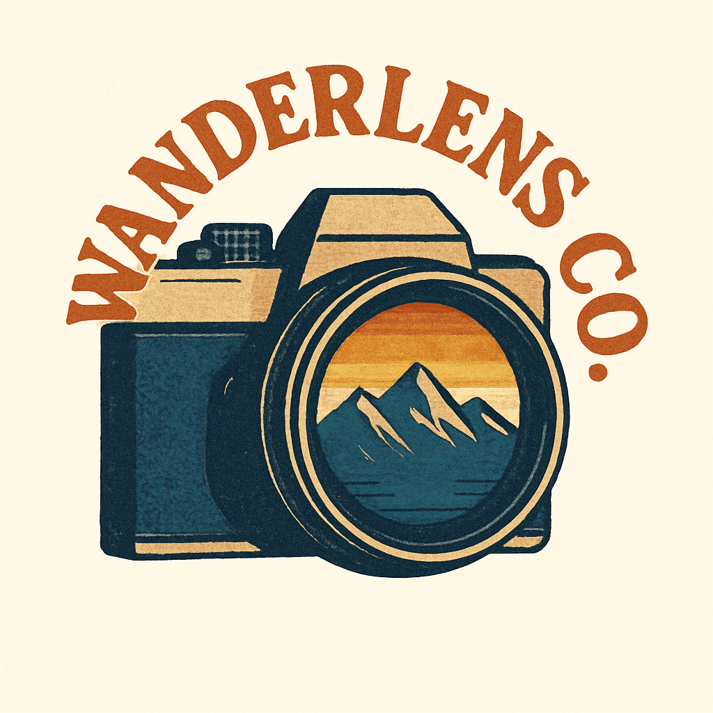 Vintage Camera Logo with Mountain Sunset Lens
