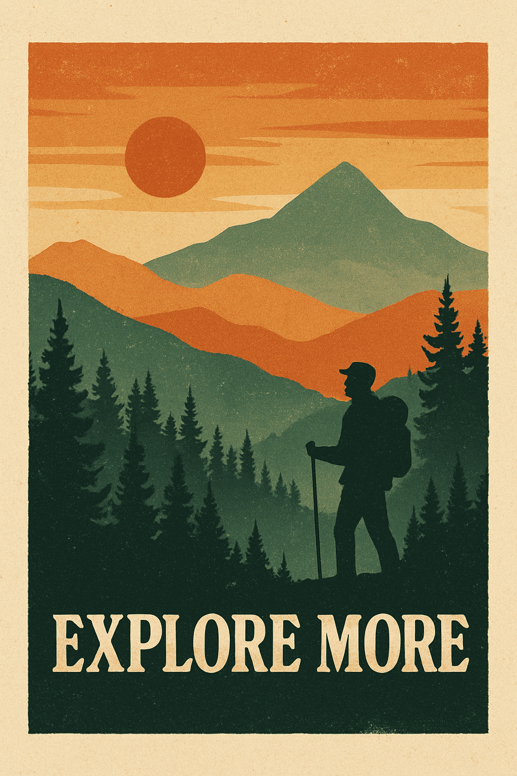 Vintage Hiking Adventure Poster with Sunset Mountains